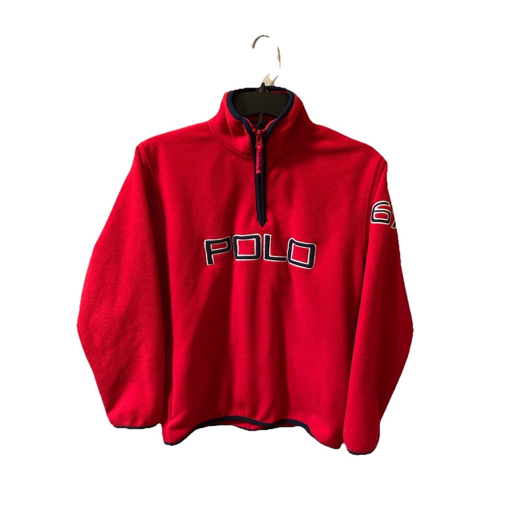 Y2K Polo Ralph Lauren Red Fleece Kids 1/4 Zip Pullover Size M Preppy Spell Out